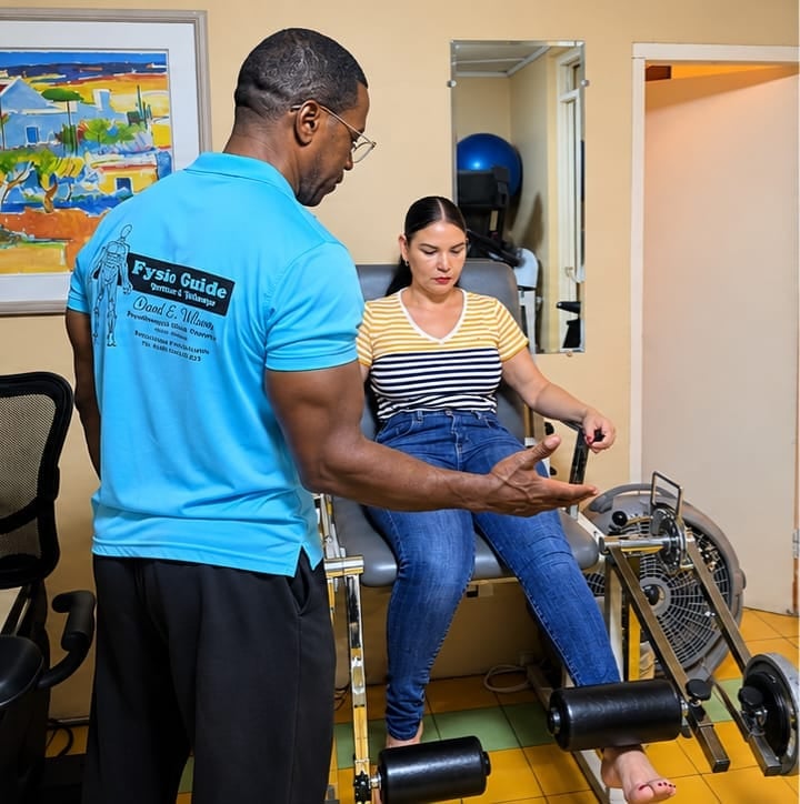 Physical therapist in blue shirt guides female patient on leg exercise machine in therapy clinic