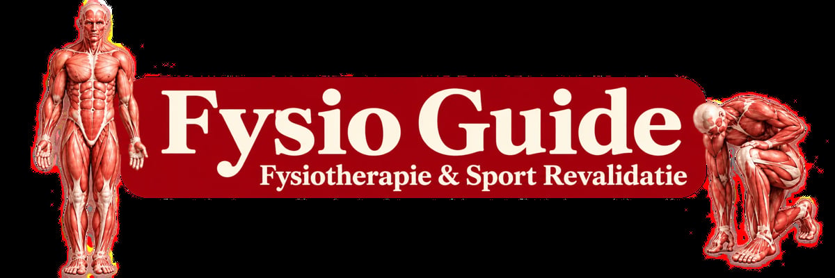 Fysio Guide logo featuring red anatomical body figures and white text for physiotherapy and sports rehabilitation services