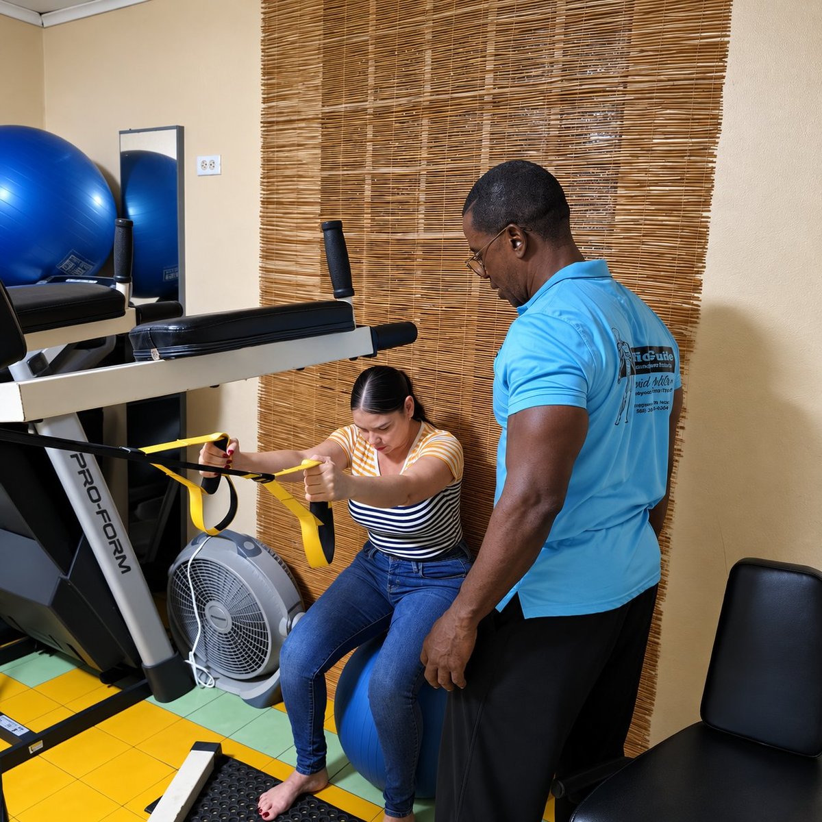 A personal trainer assists a woman using a leg press machine in a gym with woven wall panels and fitness equipment
