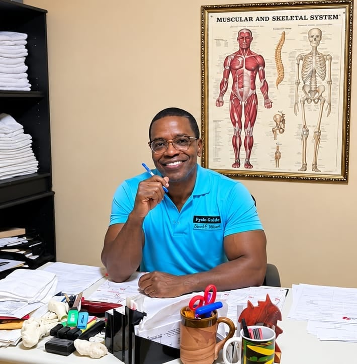 Dave Wilson seated at his clinic desk with a muscular and skeletal system chart on the wall behind him